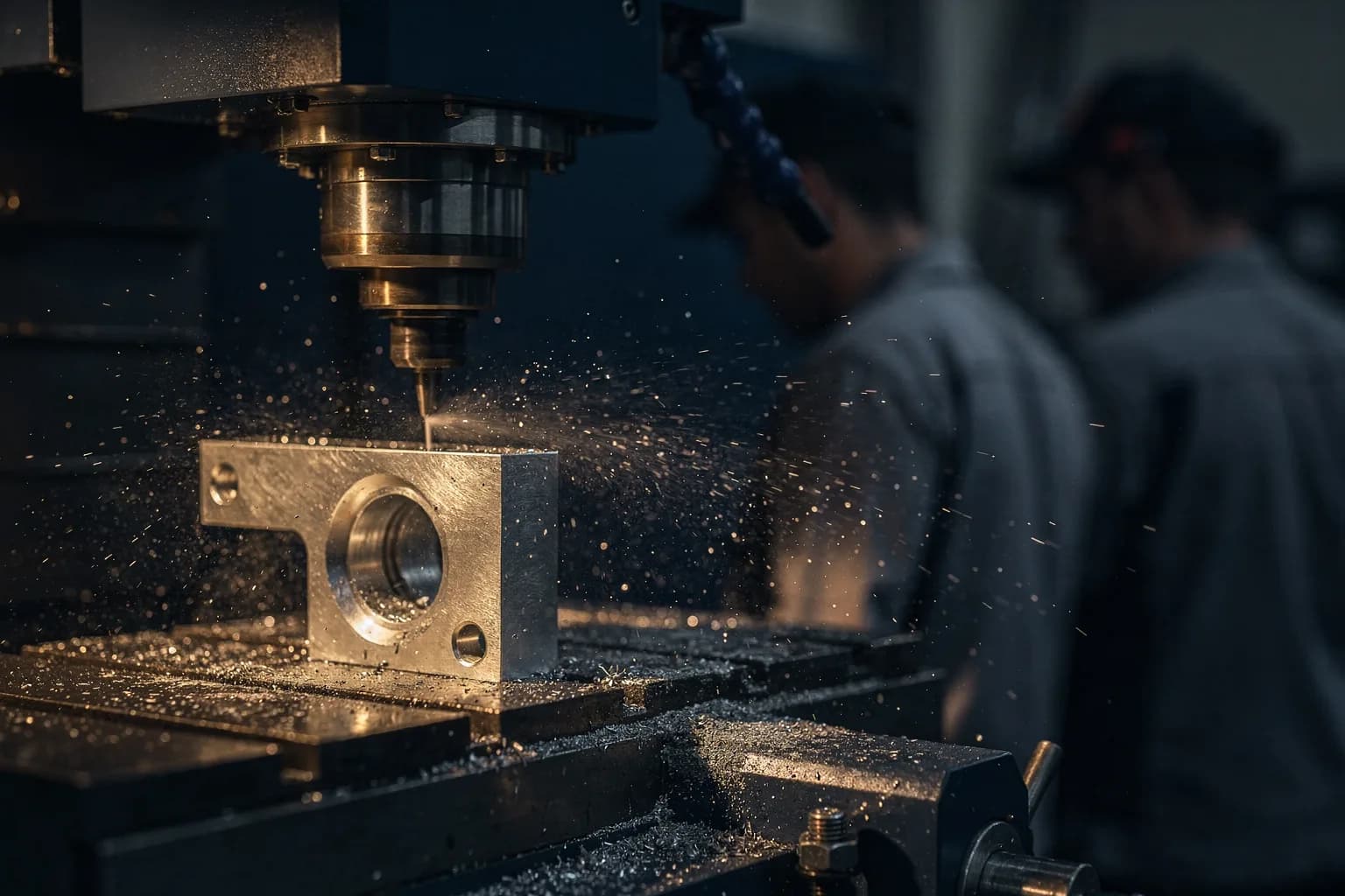 CNC-Fräsmaschine beim Zerspanen eines Aluminiumteils, Kühlmittelstrahl und feine Späne, kühles Licht mit warmem Akzent