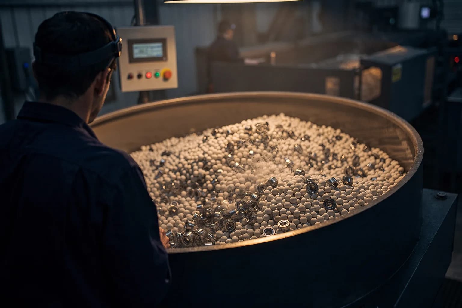 Große Gleitschleifanlage voller keramischer Schleifkörper und kleiner Metallteile in Bewegung, davor ein Mitarbeiter von hinten am Bedienpult, warmes Licht von oben