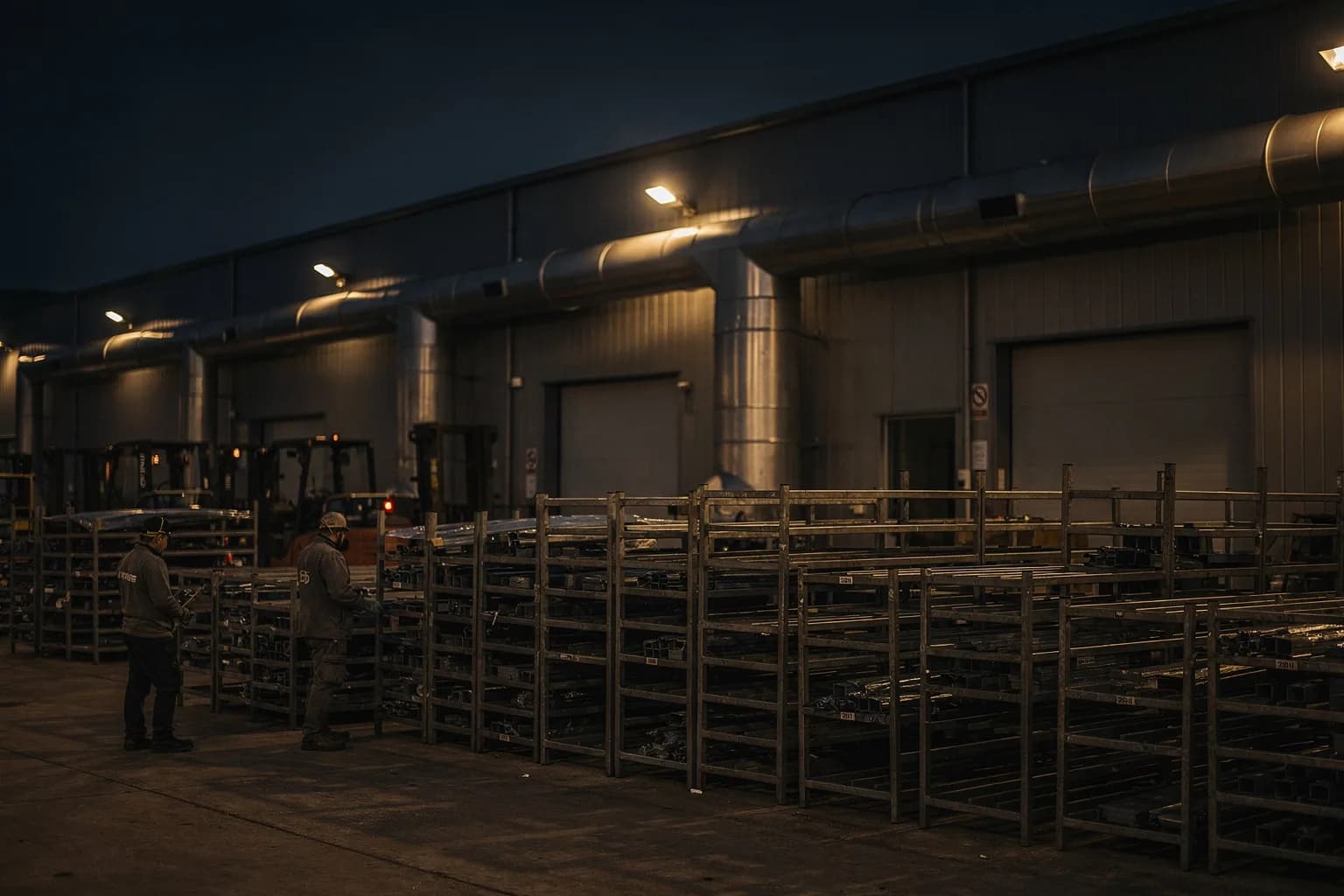 Industriegebäude in der Dämmerung mit flutlichtbeleuchtetem Hof, gestapelten Stahl-Teileträgern und Absaugleitungen an der Wand