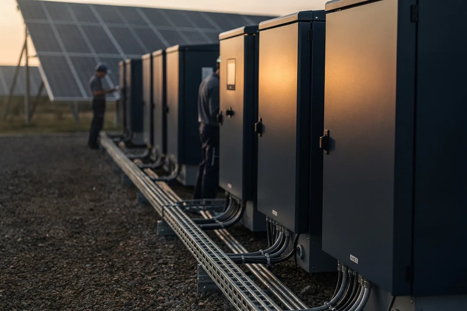 Reihe von Wechselrichterschränken am Rand eines Solarfelds, Kabeltrassen und Schotter, Abendlicht