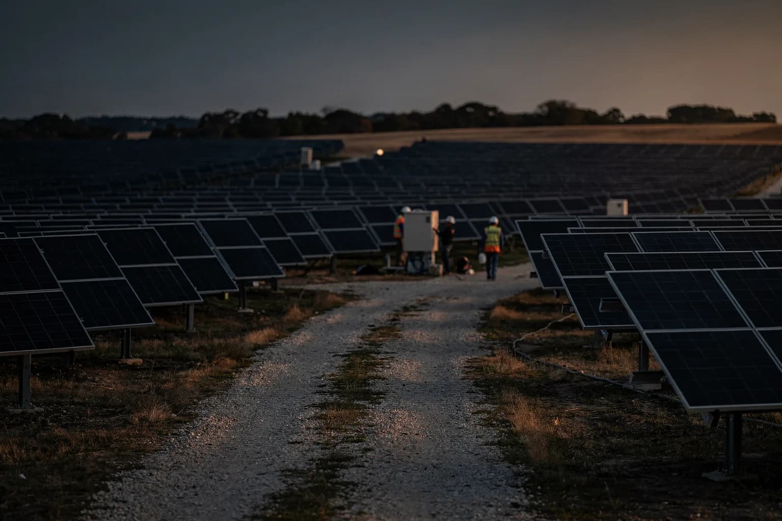 Fertiger Solarpark auf Ackerland in der Dämmerung, Modulreihen bis zum Horizont, geschotterter Zufahrtsweg