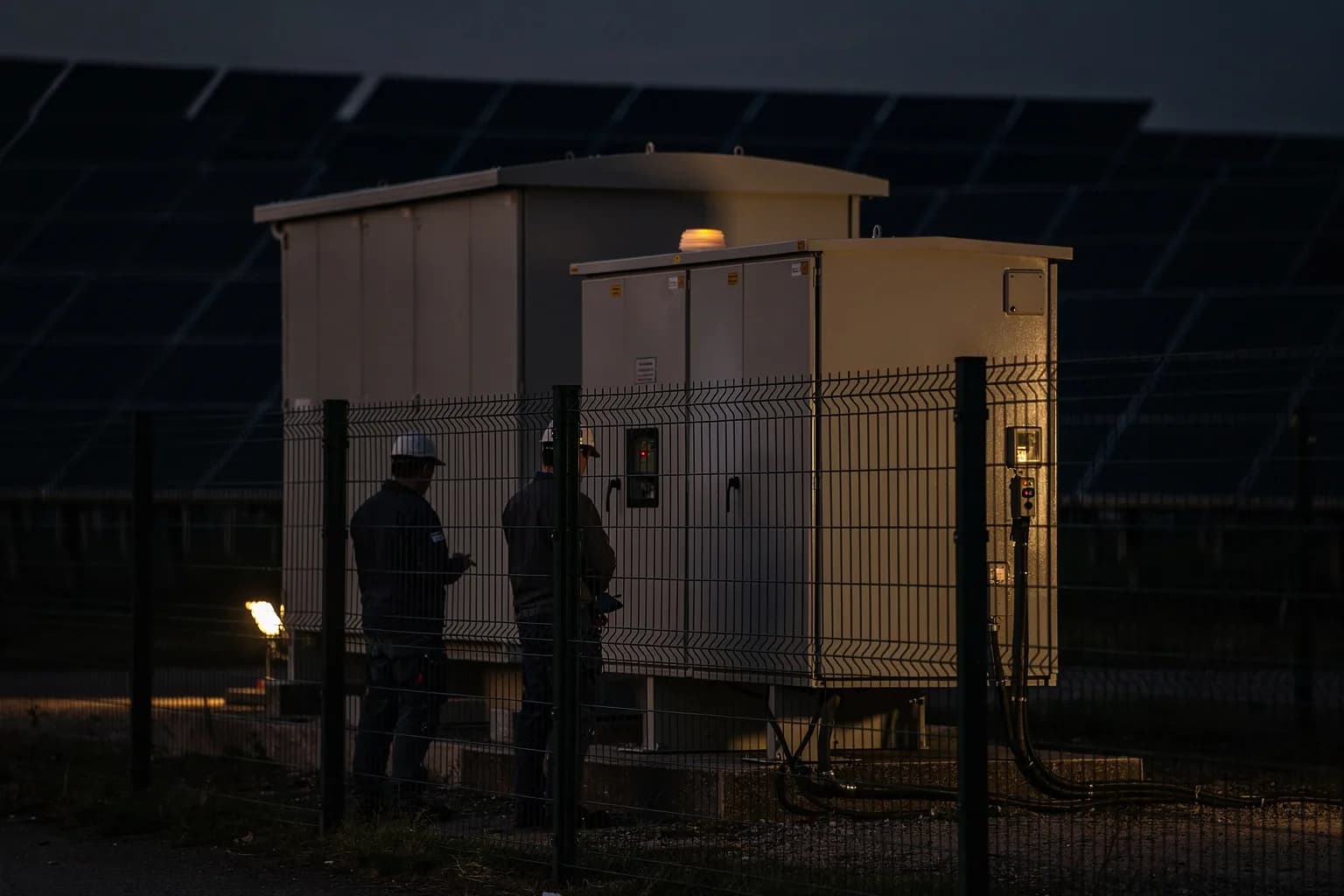 Eingezäunte Mittelspannungs-Trafostation am Netzanschlusspunkt eines Solarfelds in der Dämmerung, ohne Beschriftung