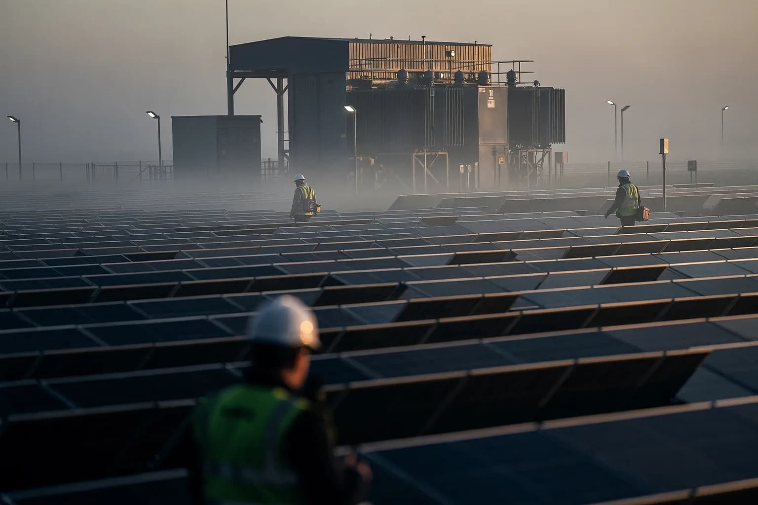 Solarpark im Morgengrauen mit Nebel über den Modulreihen, im Hintergrund eine Trafostation