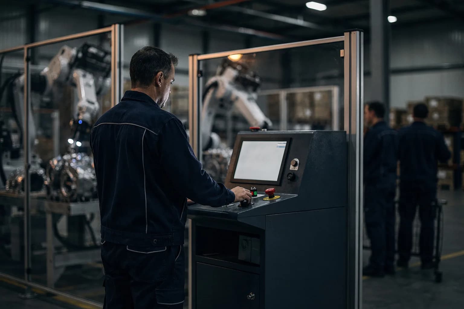 Produktionslinie für Automobilkomponenten mit einer Roboterzelle hinter Schutzzaun, eine Bedienerin in Arbeitskleidung von hinten am Leitstand
