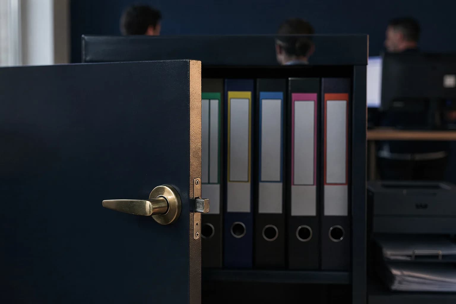 Abschließbarer Schrank mit Prüfungsordnern und Registerreitern in einem Verwaltungsbüro, weiches Tageslicht