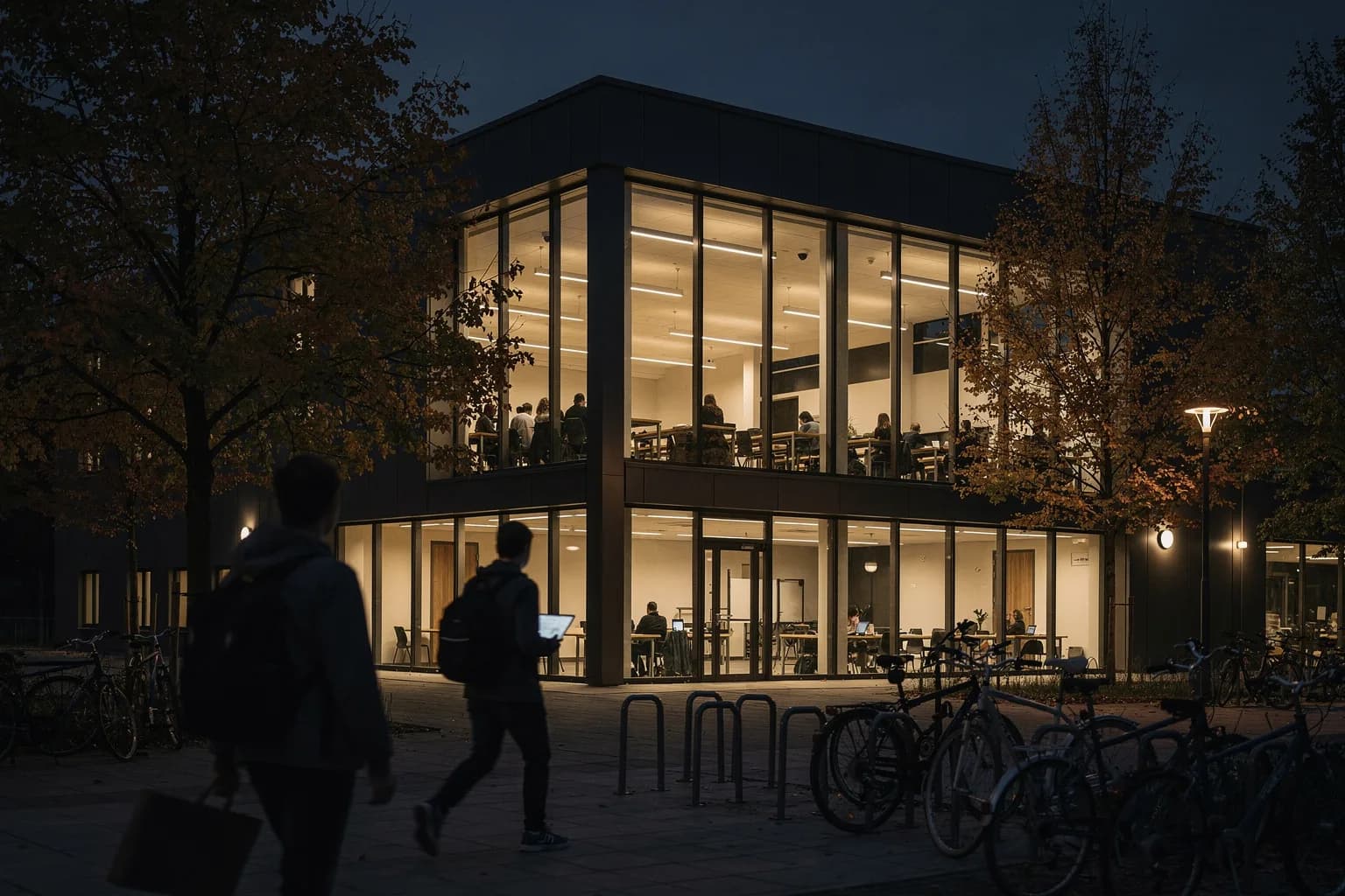Campusgebäude in der Dämmerung mit erleuchteten Hörsaalfenstern und einem Vorplatz mit Fahrrädern, Studierende im Gehen, Herbstbäume