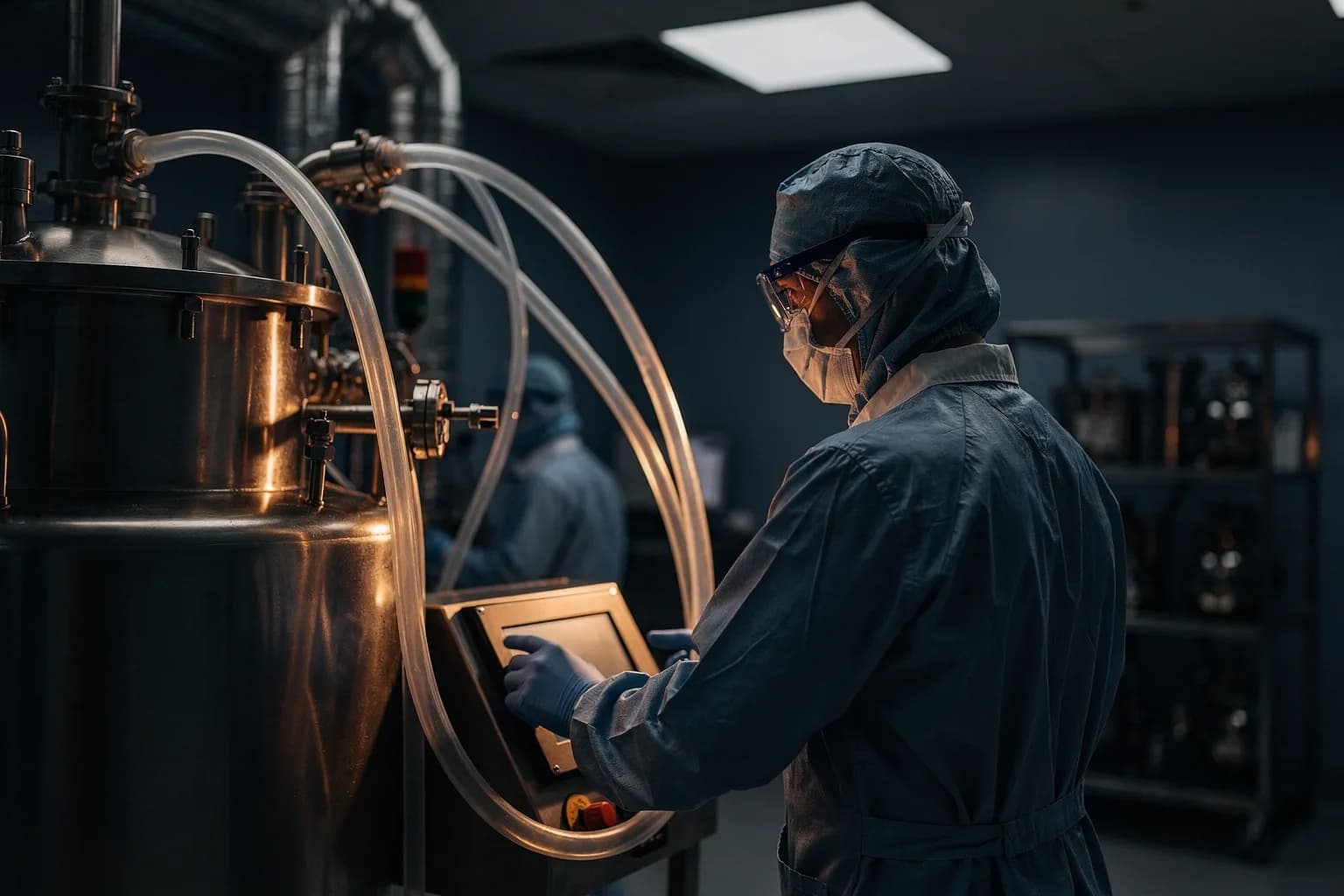Reinraum der Biotechnologie mit einem Bioreaktor und Schlauchsets, eine Wissenschaftlerin im Reinraumanzug von hinten am Bedienpult