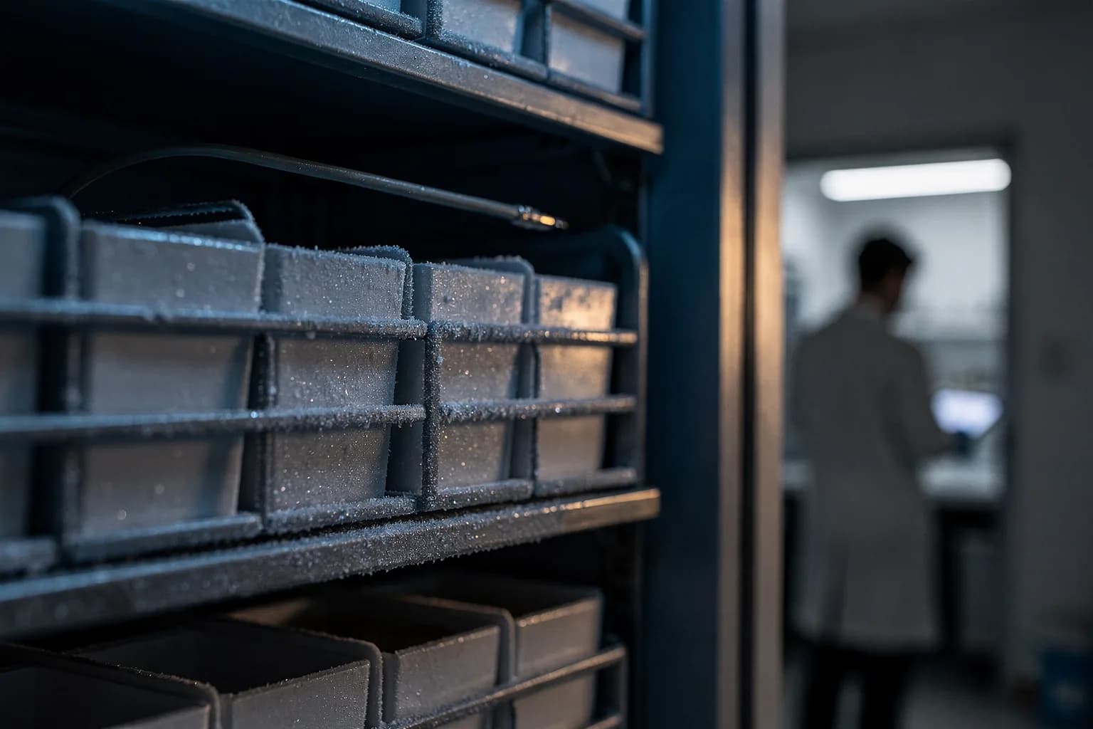Blick in einen Labortiefkühlschrank mit gestapelten Boxen und Reif, ein Temperaturfühlerkabel führt hinein, kaltes blaues Licht