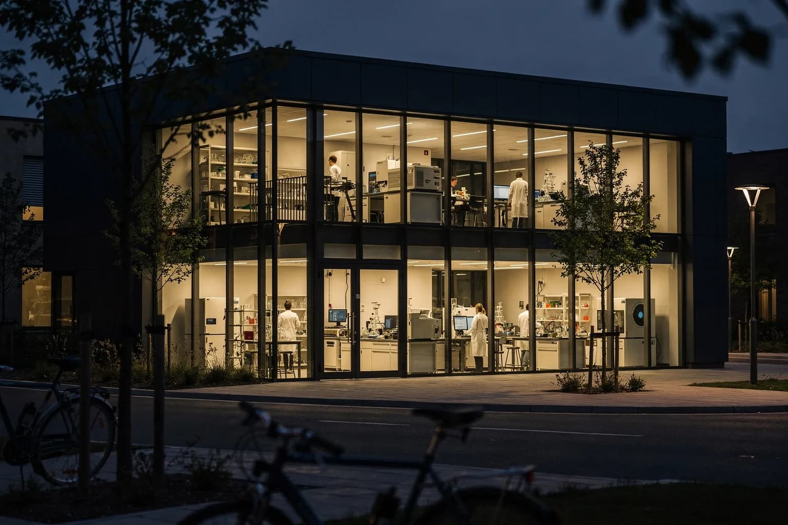 Modernes Forschungsgebäude in der Dämmerung im Technologiepark, verglaste Laboretagen von innen beleuchtet, Fahrräder und junge Bäume davor
