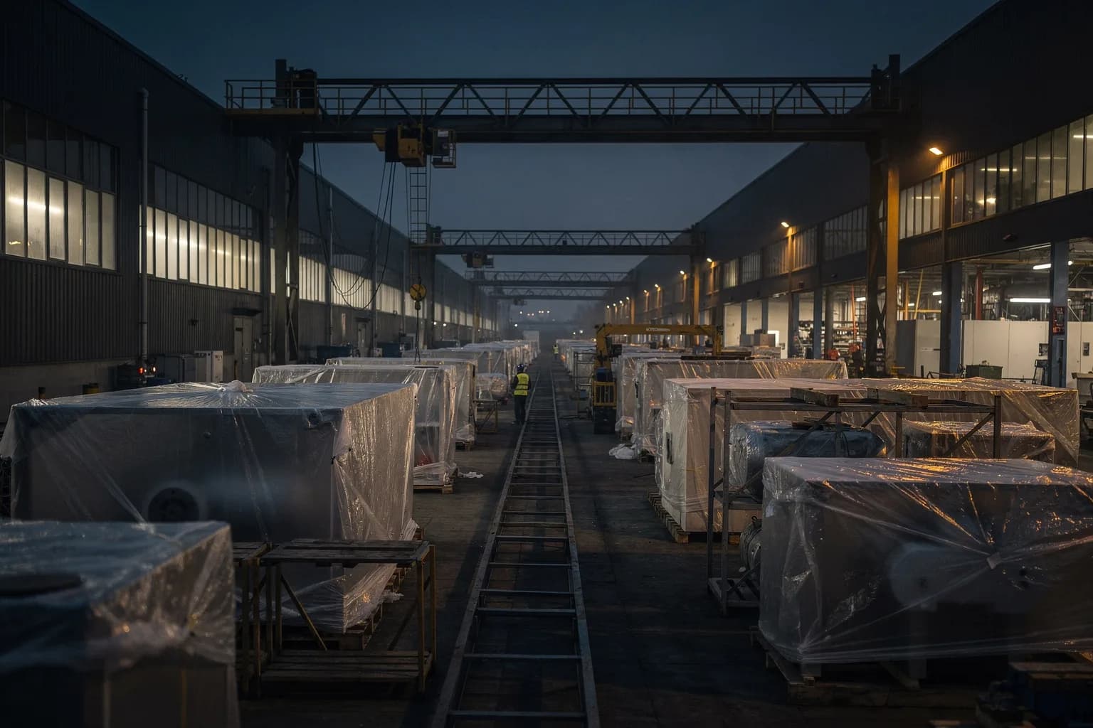 Weitläufiges Werksgelände in der Dämmerung mit langen Montagehallen und einer Kranbahn, fertige Maschinenmodule unter Schutzfolie im Hof