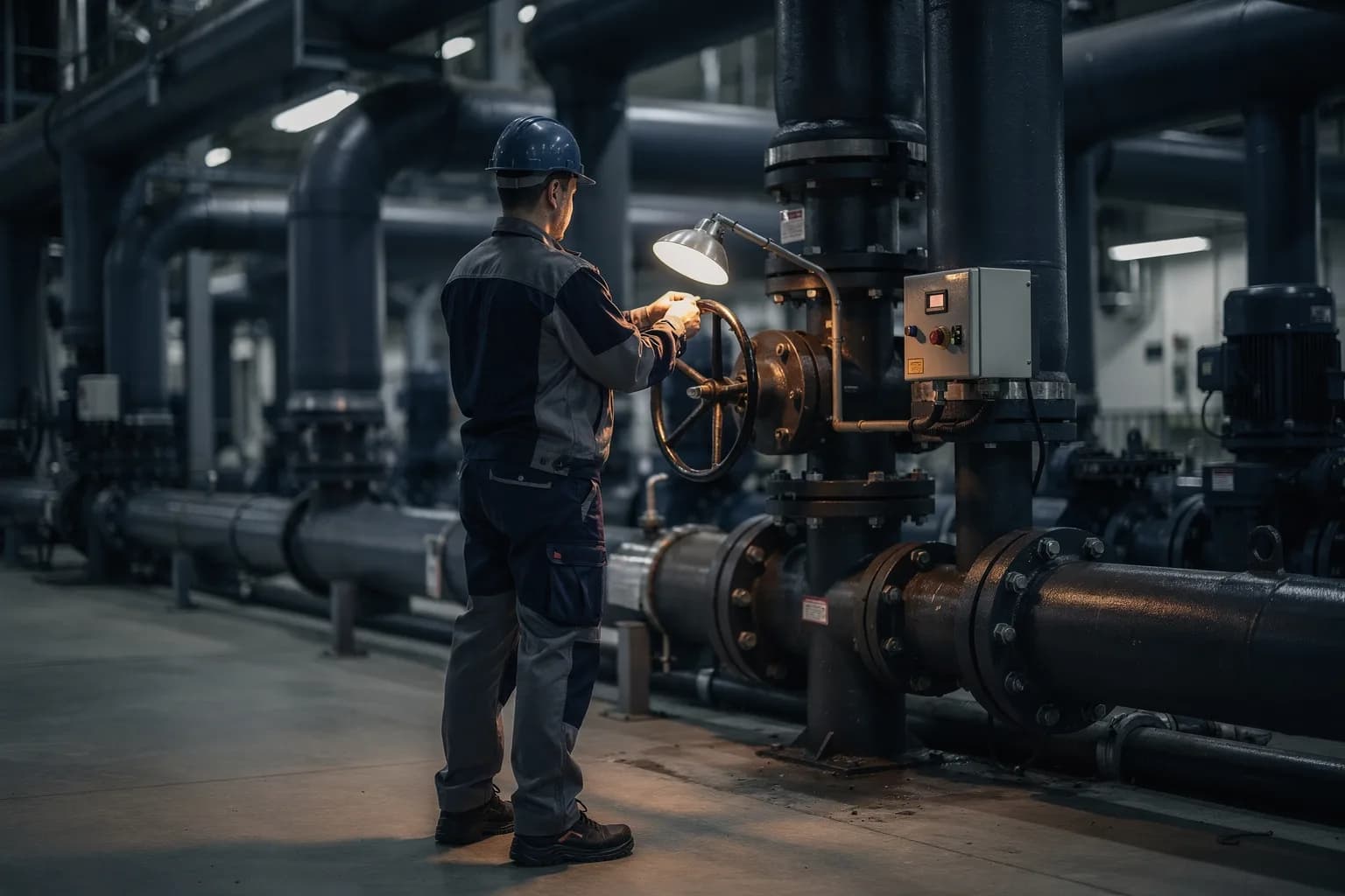 Innenraum eines Heizkraftwerks mit großen gedämmten Rohrleitungen und Pumpen, ein Monteur in Arbeitskleidung von hinten an einer Armaturenstation