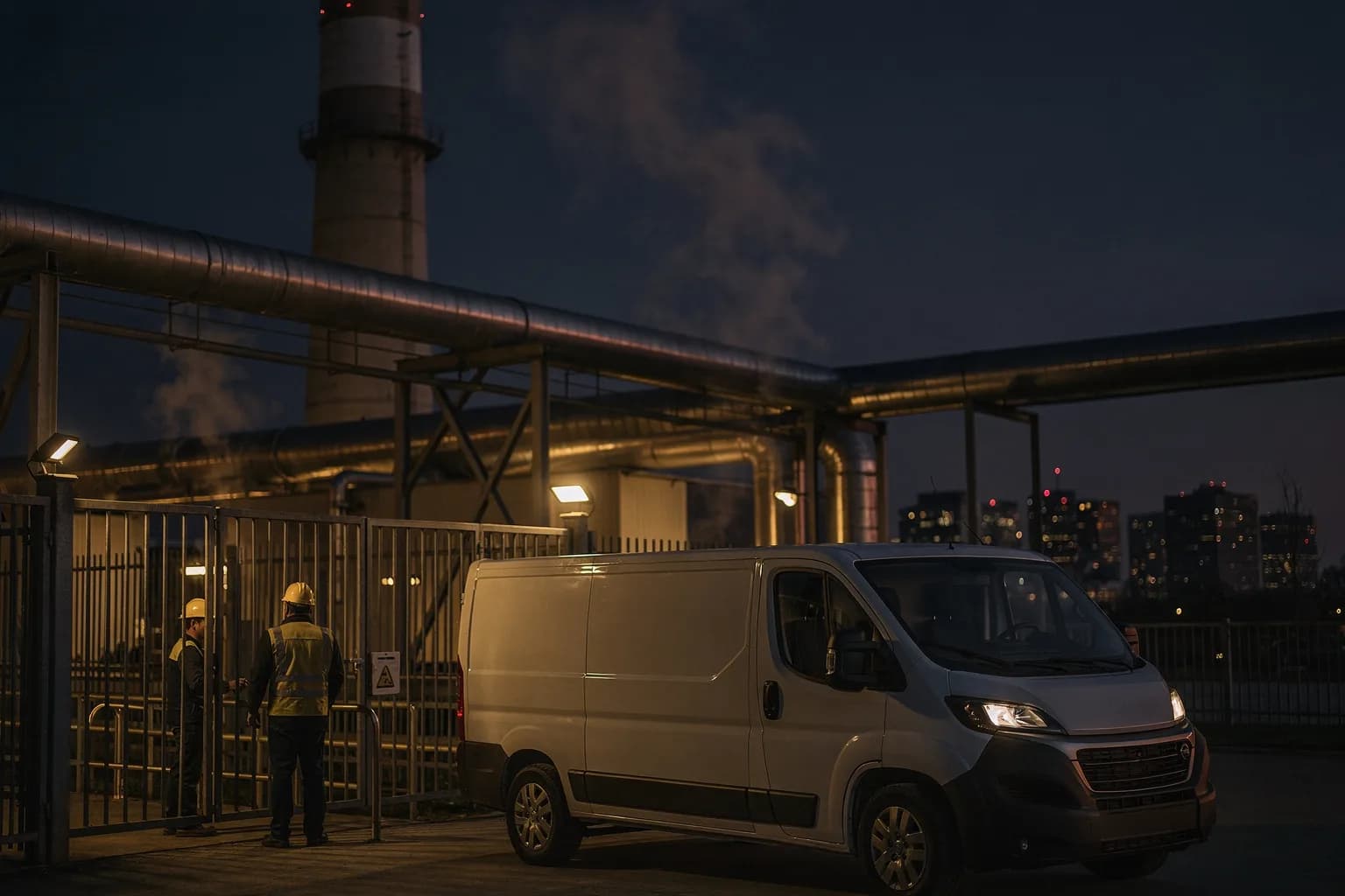 Energieanlage in der Dämmerung mit Schornstein und gedämmten Rohrbrücken, Dampfschwaden, ein Servicefahrzeug am Tor, Stadtlichter dahinter