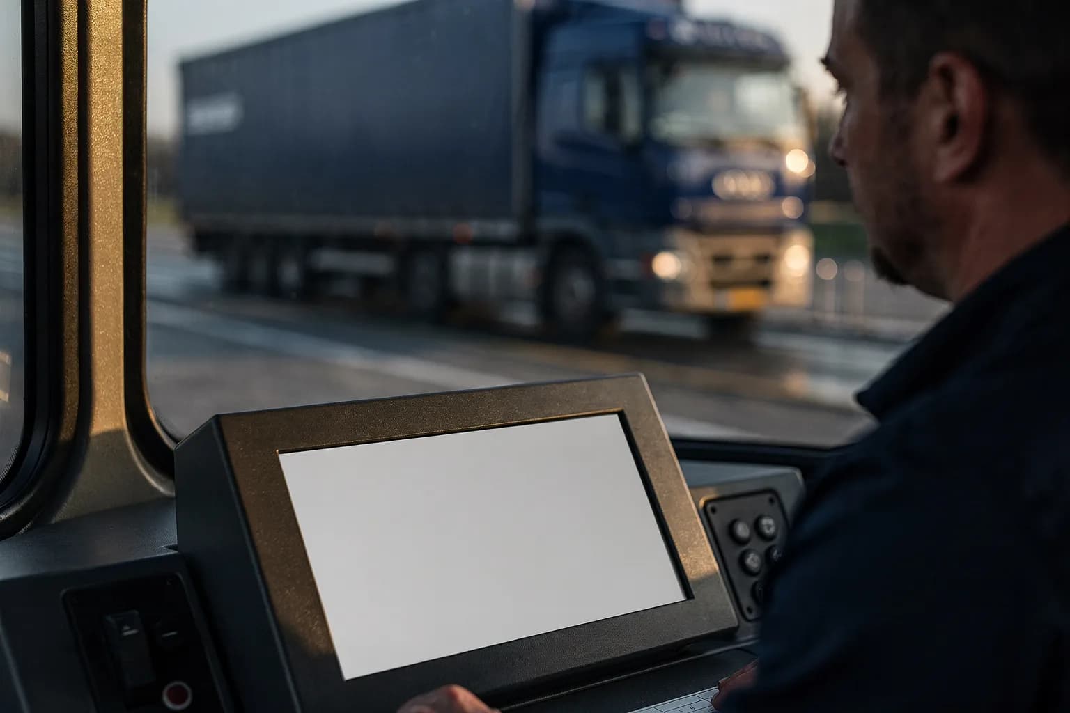 Detail eines Waagehäuschenfensters mit leerer Anzeige im Inneren, dahinter ein Lastwagen auf der Brückenwaage, kühles Morgenlicht