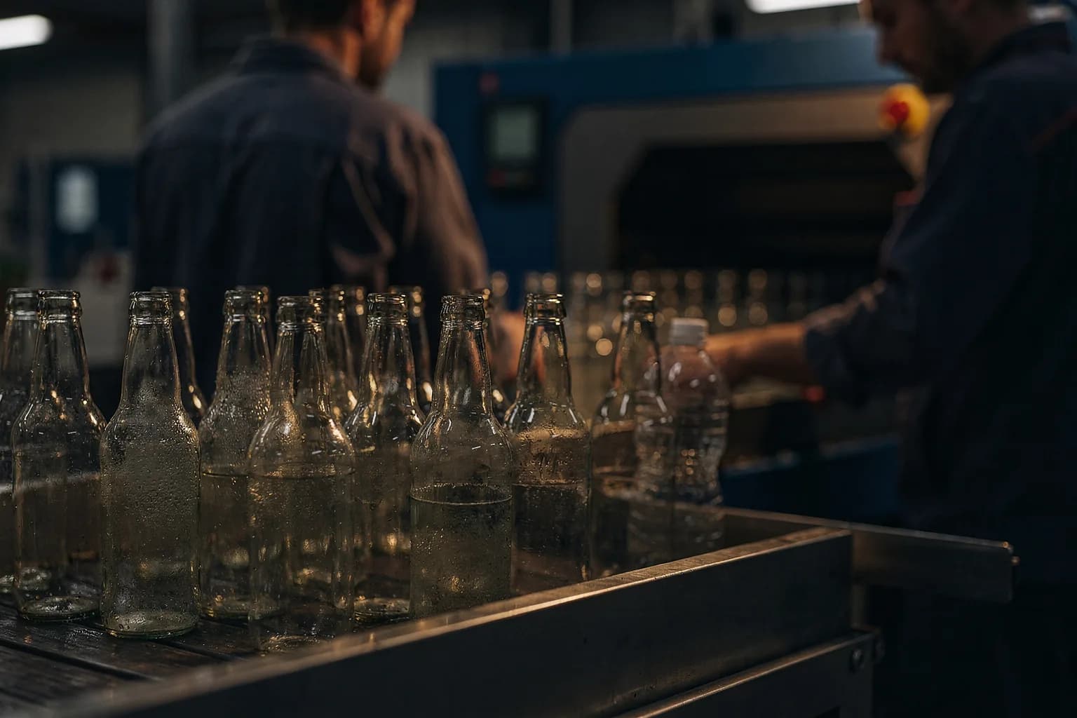 Nahe Aufnahme von zurückgegebenen Leergutkästen beim Sortieren auf einem Band, Glas und Kunststoff, warmes Licht