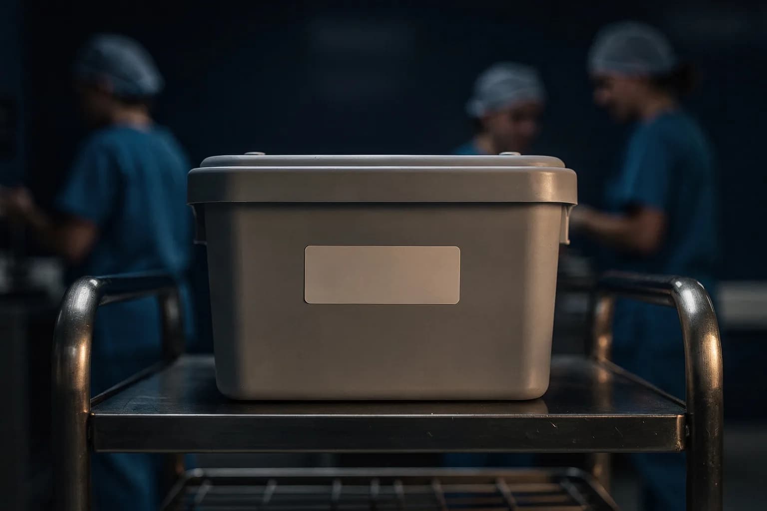 Sterilgutcontainer auf einem Transportwagen mit geschlossenem Filterdeckel, unbeschriftetes Anzeigefeld, kühles Licht