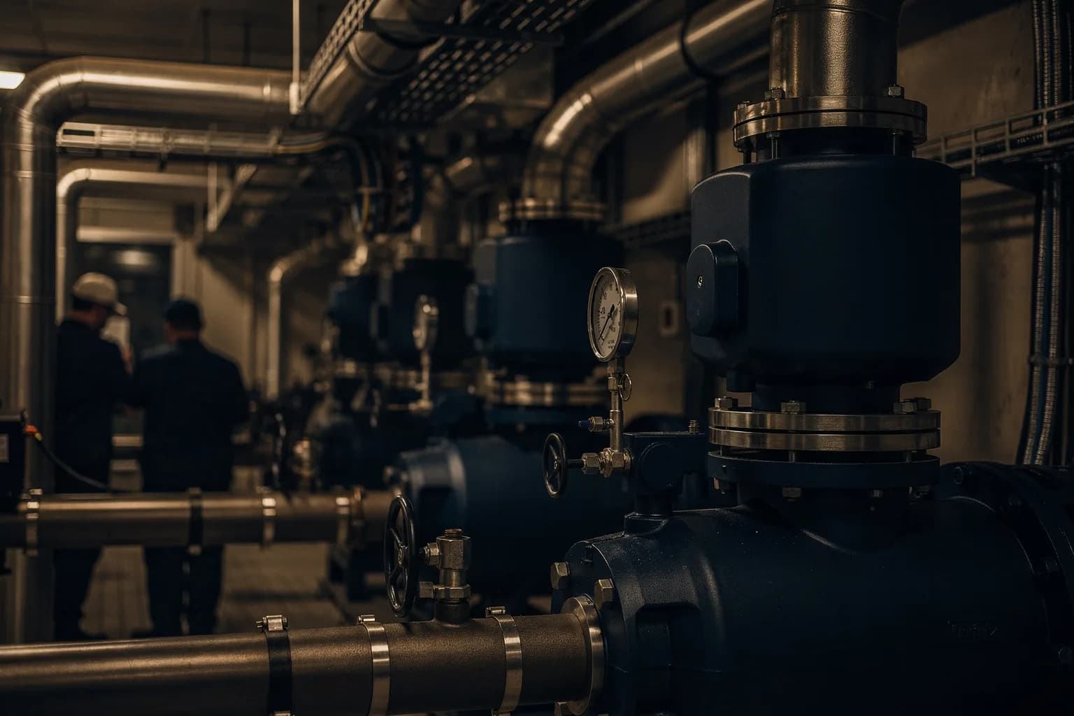 Energiezentrale eines Krankenhauses mit gedämmten Rohrleitungen, Pumpen und unbeschrifteten Manometern, warme Spiegelung auf dem Metall