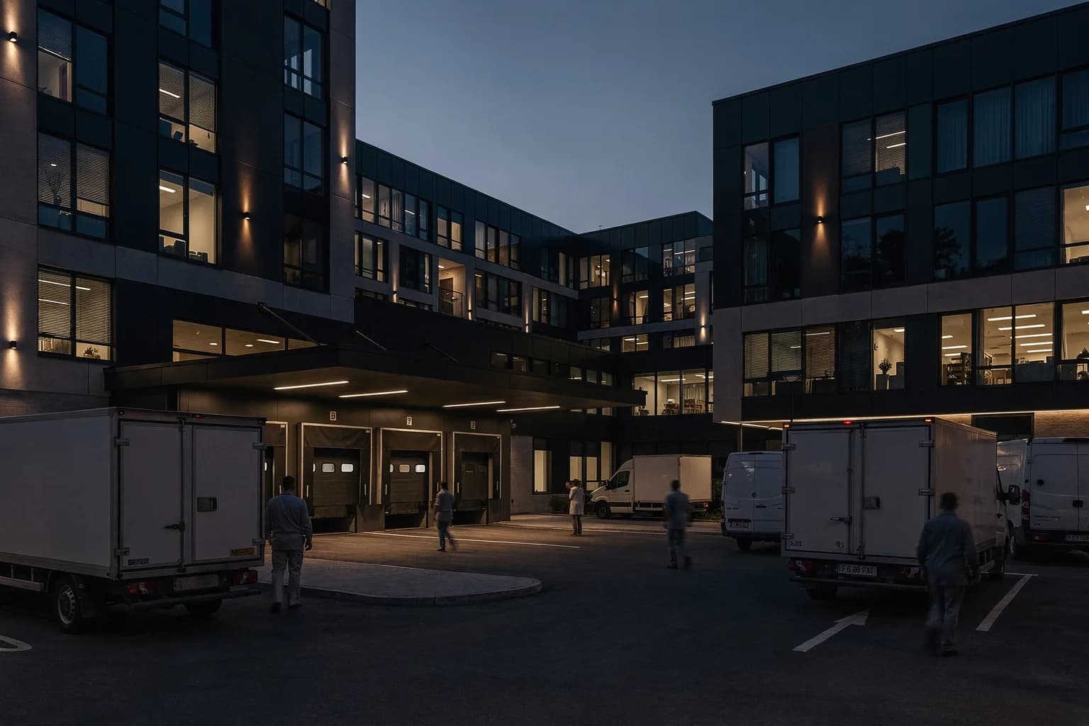 Klinikgelände in der Dämmerung mit verbundenen Gebäuden und einem Wirtschaftshof, Lieferfahrzeuge am Warenzugang, beleuchtete Fenster