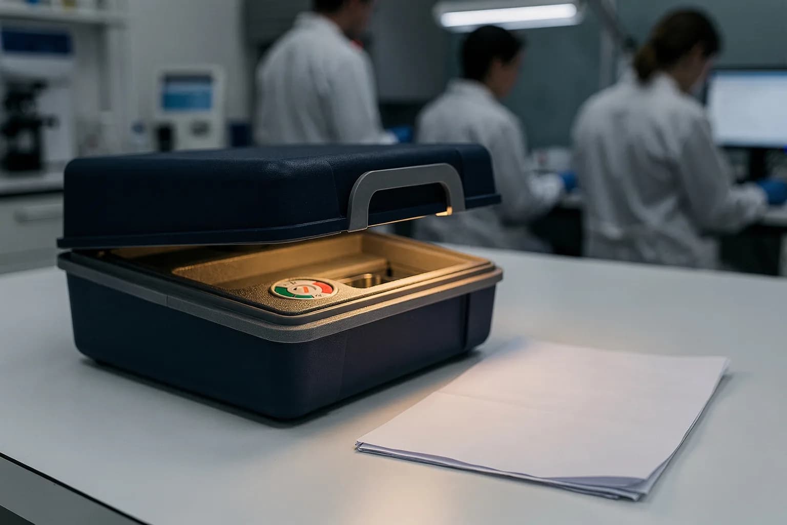 Transportbox für Laborproben auf einer Bank mit Temperaturanzeige im Inneren, daneben ein unbeschriebenes Begleitformular
