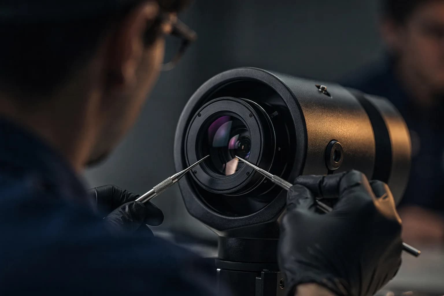Sehr nahe Aufnahme einer Linsenbaugruppe in einer Fassung, die mit feinem Werkzeug justiert wird, behandschuhte Hände, sehr geringe Schärfentiefe