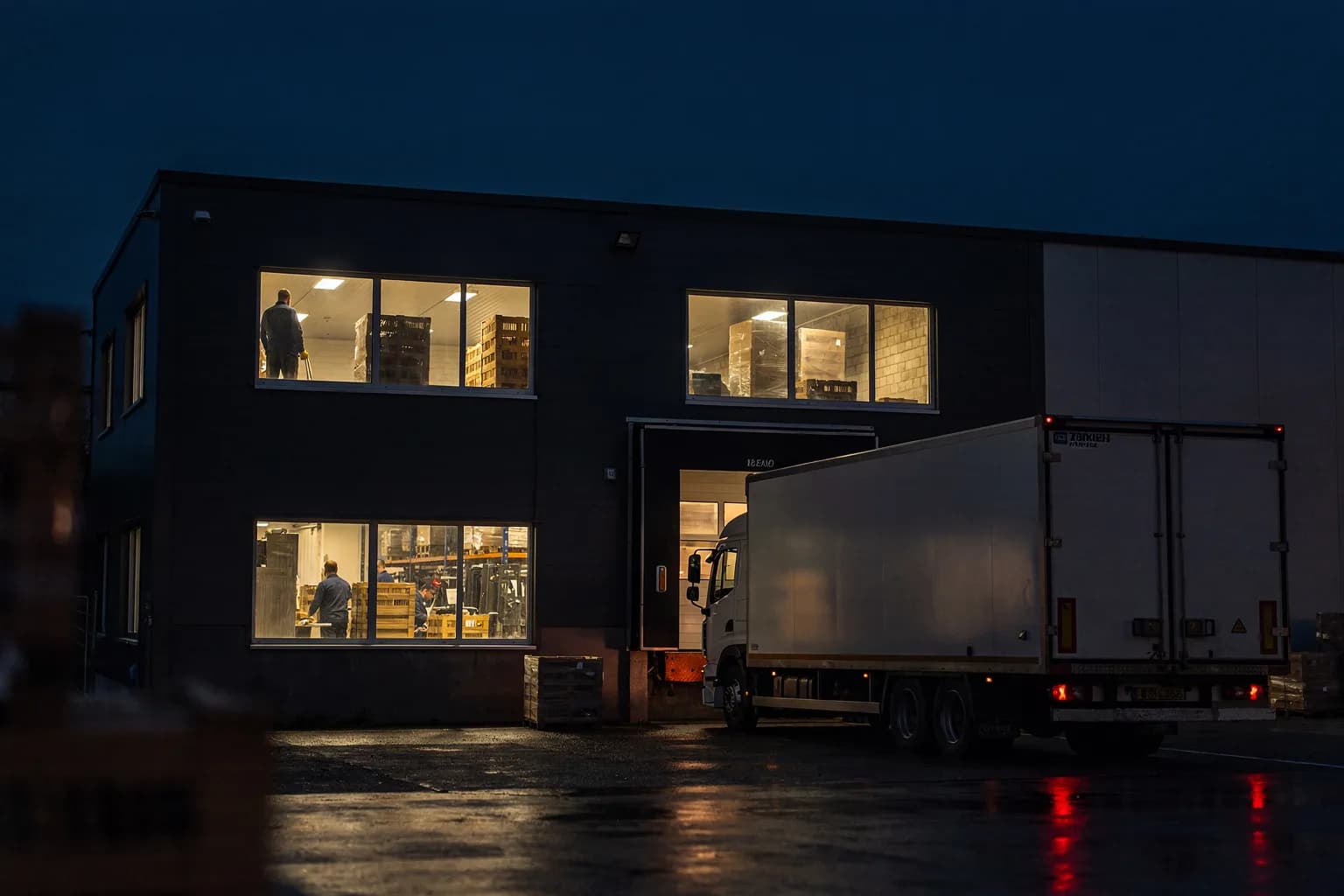Kompaktes Werksgebäude zur blauen Stunde mit erleuchteten Fertigungsfenstern, kleiner Hof mit einem Lastwagen am Ladetor