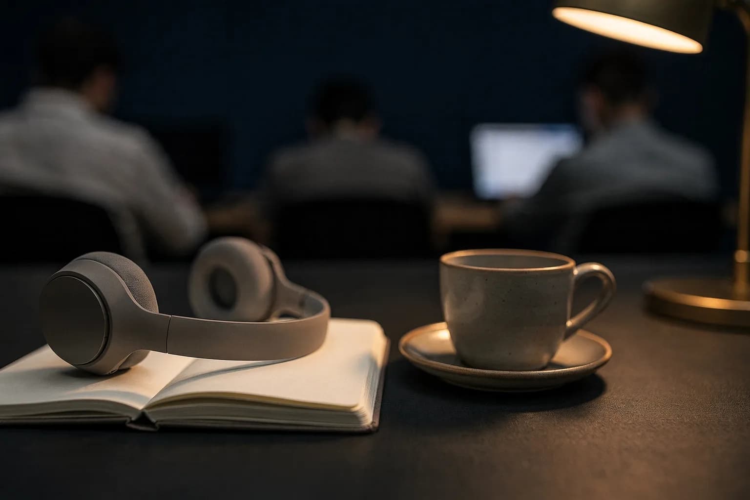 Nahe Aufnahme eines Schreibtisches mit Headset, Notizbuch und einer Kaffeetasse, leere Seiten, warme Schreibtischlampe