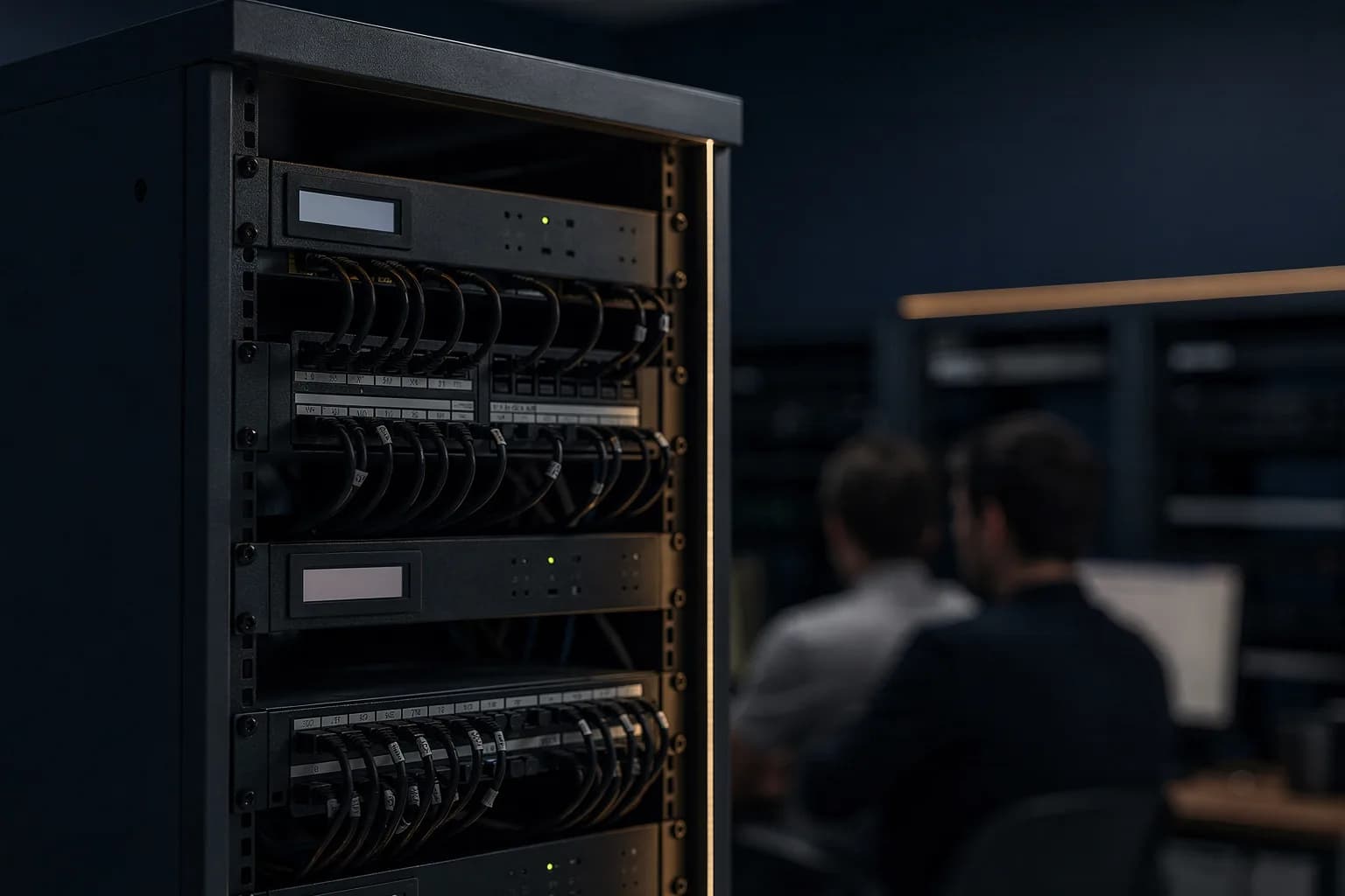 Detail eines kleinen Serverschranks in einem aufgeräumten Technikraum mit Patchkabeln und leeren Statusanzeigen, kühles Licht