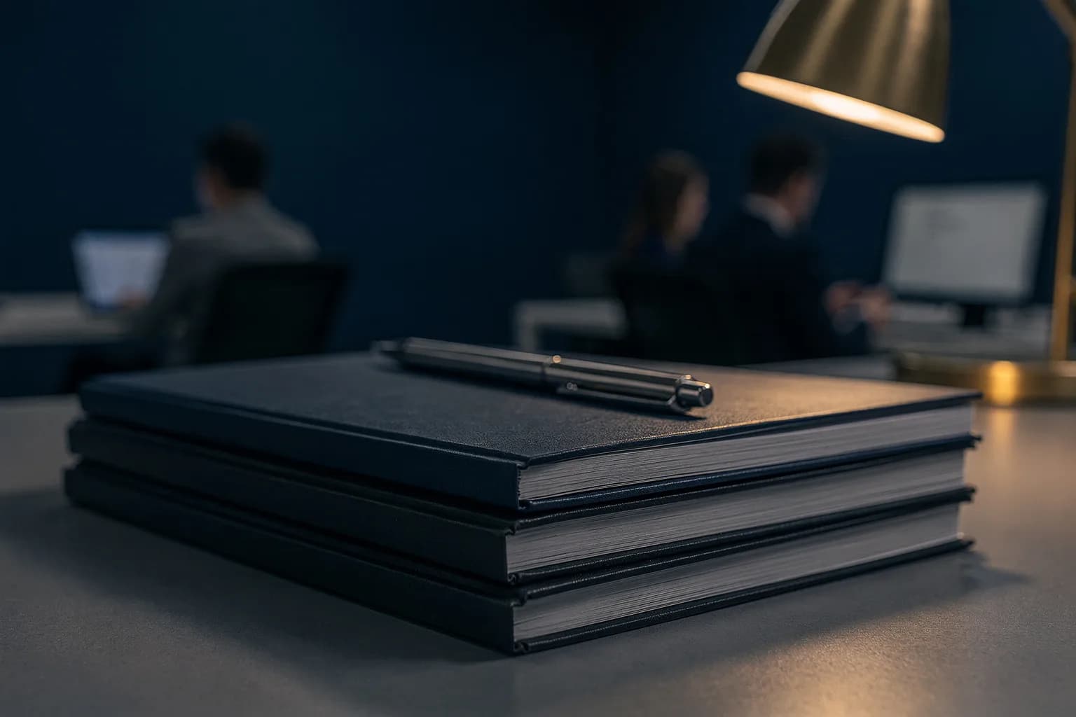 Stapel gebundener Berichte und ein Stift auf einem Schreibtisch, leere Seiten, warme Schreibtischlampe