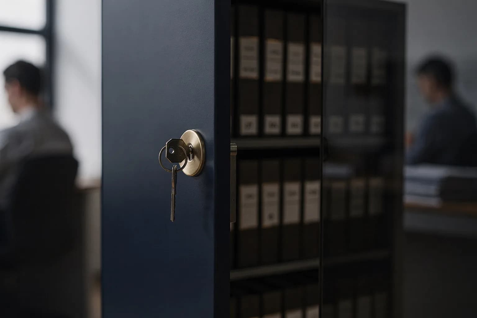 Verschlossener Archivschrank mit nach Jahren beschrifteten Ordnern, Schlüssel im Schloss, weiches Tageslicht