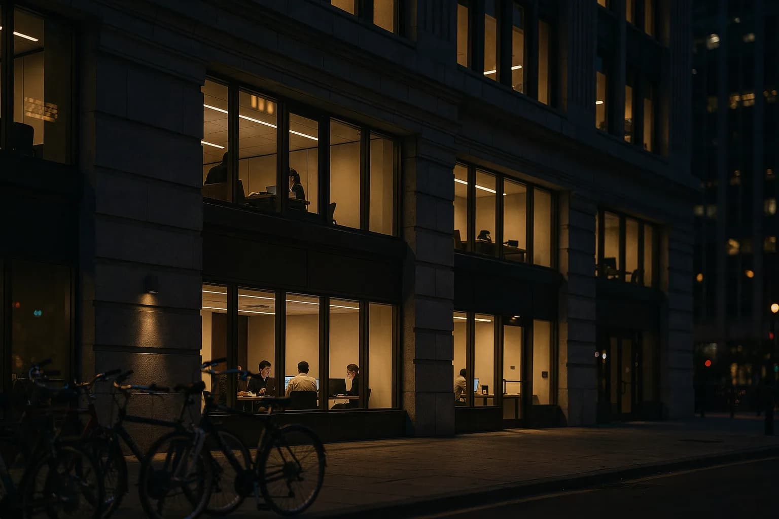 Klassisches Bürogebäude an einer Innenstadtstraße in der Dämmerung, erleuchtete Fenster im Obergeschoss, Steinfassade, abgestellte Fahrräder