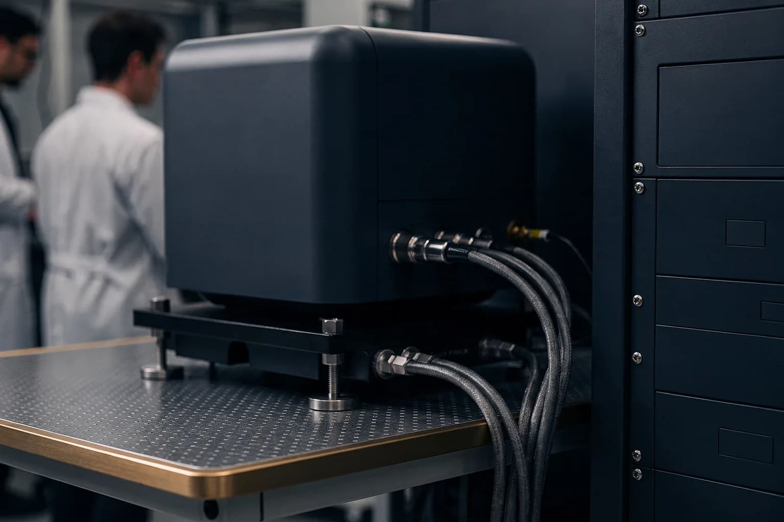 Schwingungsgedämpfter Tisch mit einem abgedeckten Instrument, Kabel führen zu einem Rack, kühles Licht mit warmer Spiegelung