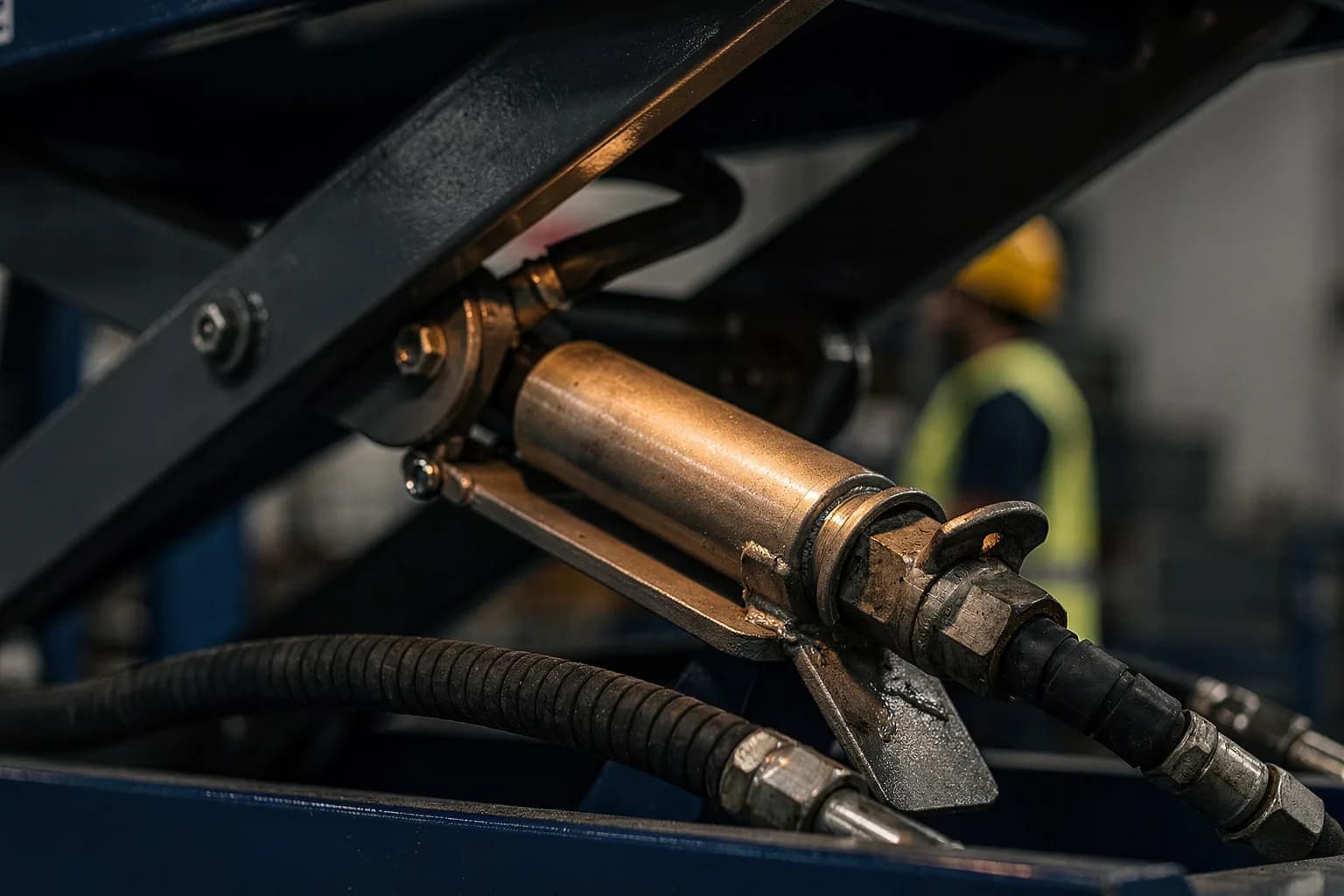 Nahaufnahme eines Hydraulikzylinders und Scherengelenks an einer Hubarbeitsbühne, gefettete Bolzen und Schläuche, geringe Schärfentiefe