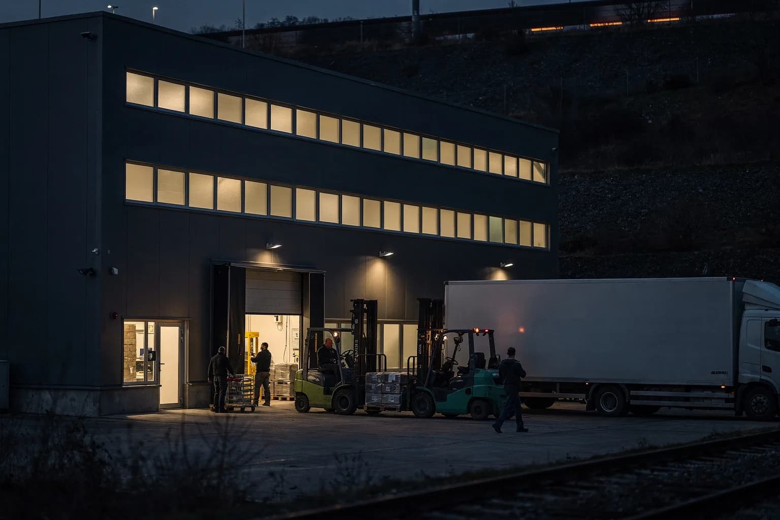 Schlichtes Industriegebäude in der Dämmerung an einem Bahndamm, beleuchtete Fensterbänder und ein kleiner Verladehof
