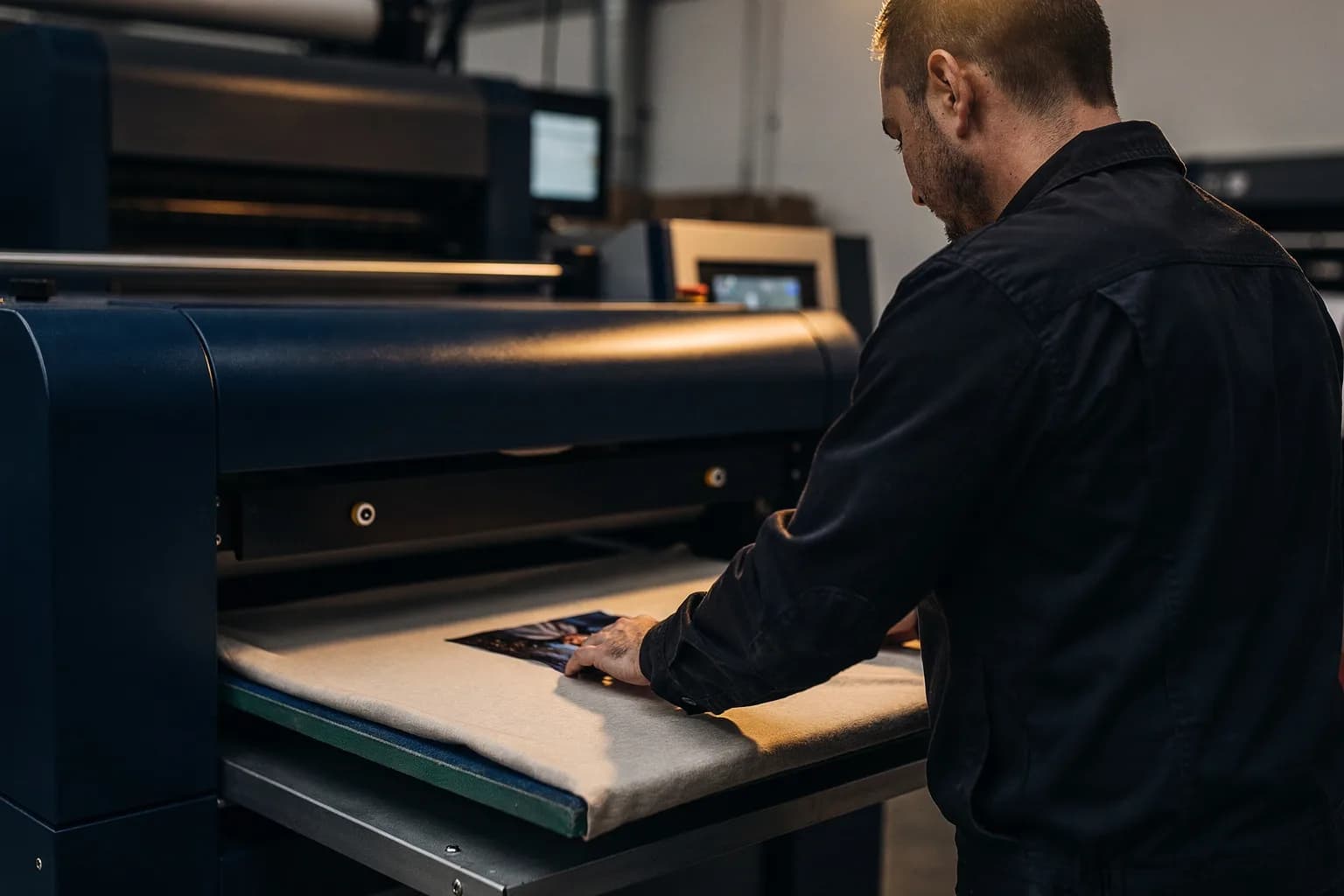 Transferpresse in einer Druckerei, eine bedruckte Transferfolie wird auf ein einfarbiges Textil gelegt, eine Bedienerin von hinten, warmes Licht