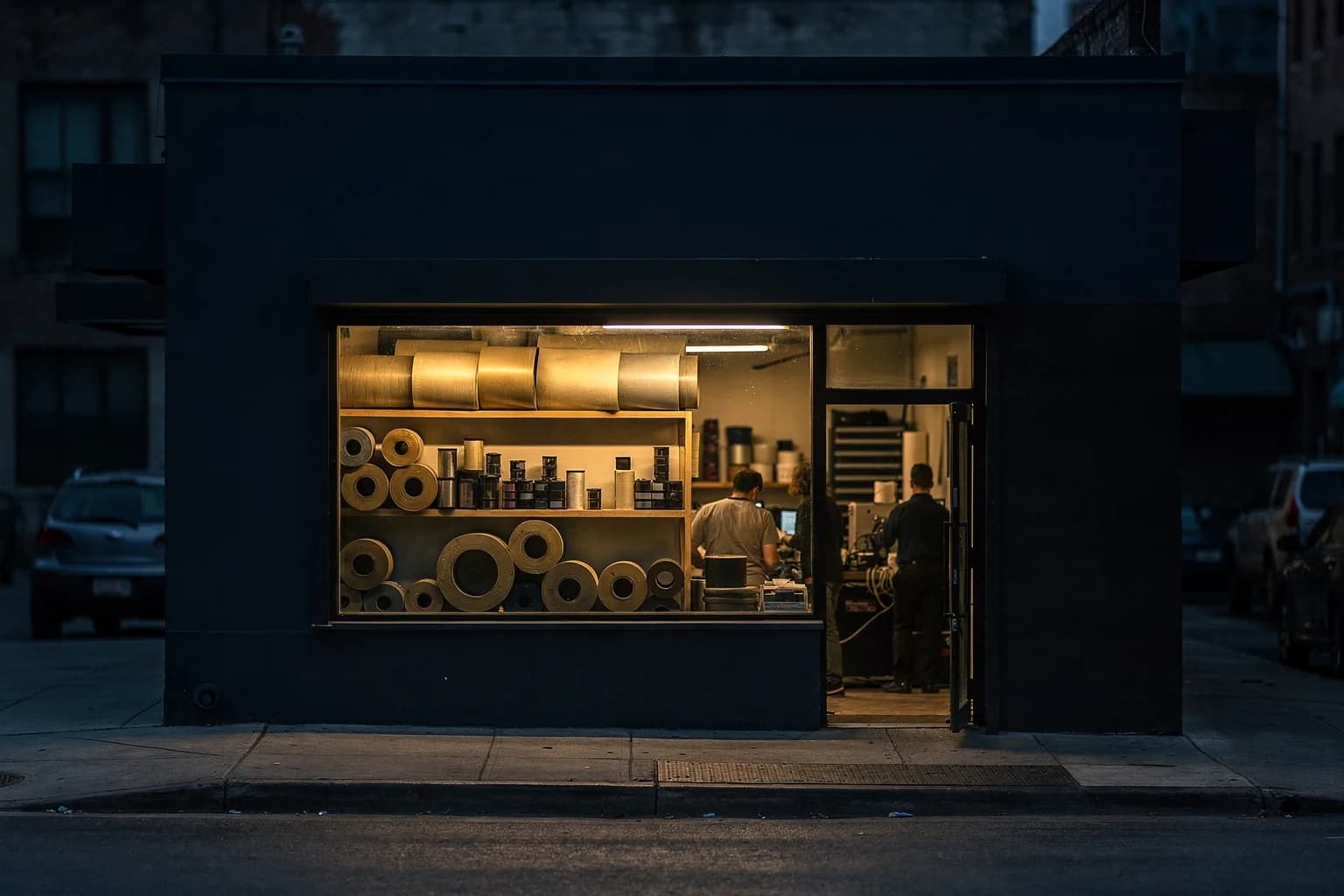 Leichtindustriegebäude in der Dämmerung mit einem Schaufenster, in dem Folienrollen stehen, ruhige Straße