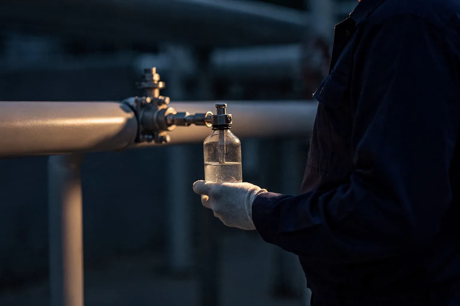 Probenahmestelle an einer Kühlwasserleitung mit Ventil und einer beschrifteten Probeflasche in behandschuhter Hand, kein lesbarer Text, kühles Licht
