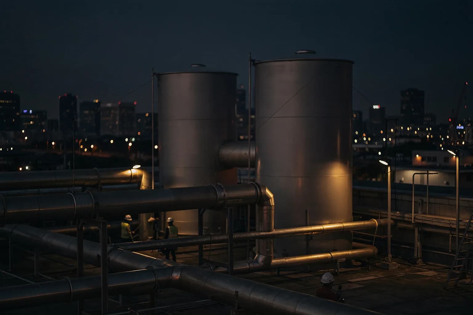 Industriedach in der Dämmerung mit zwei großen Kühltürmen und Verrohrung, Lichter der Stadt dahinter