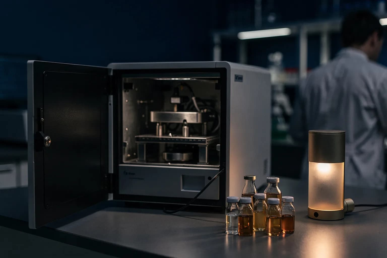 Labortisch mit einem zur Wartung geöffneten Analysengerät, daneben ein Lampenmodul und kleine Vials, kühles gleichmäßiges Licht