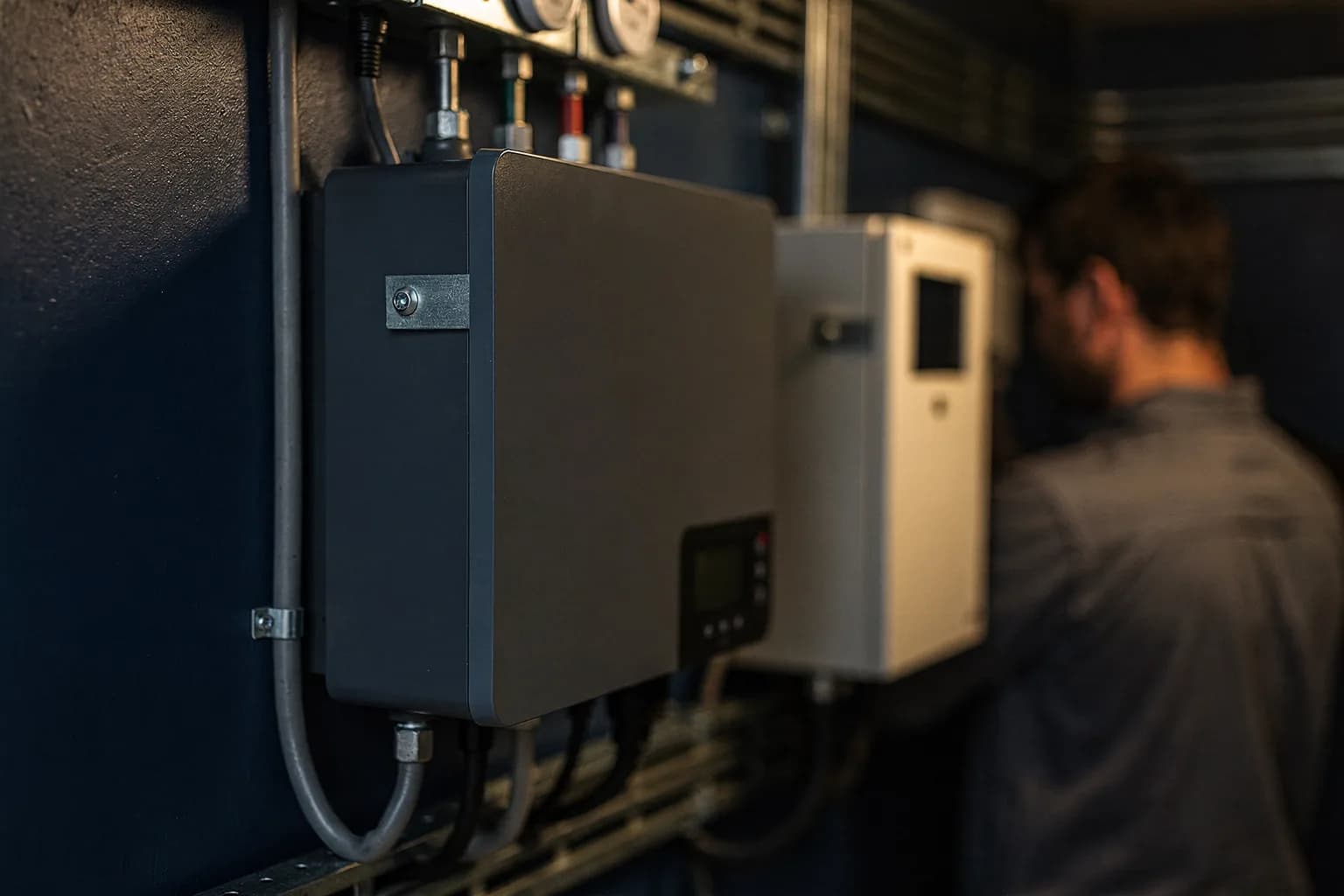 Nahaufnahme eines Photovoltaik-Wechselrichters mit Verkabelung in einem kleinen Technikraum, Halterungen und Leerrohre, keine lesbare Anzeige