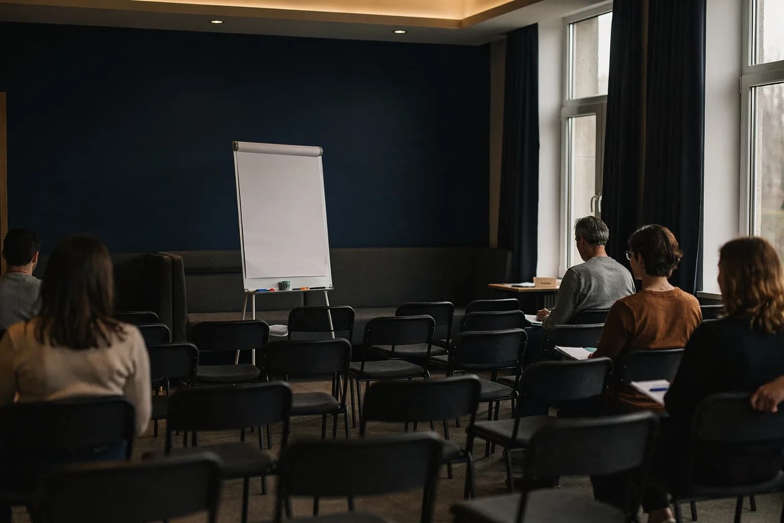 Versammlungsraum mit aufgestellten Stuhlreihen und einem Flipchart-Ständer, leer, Tageslicht durch hohe Fenster