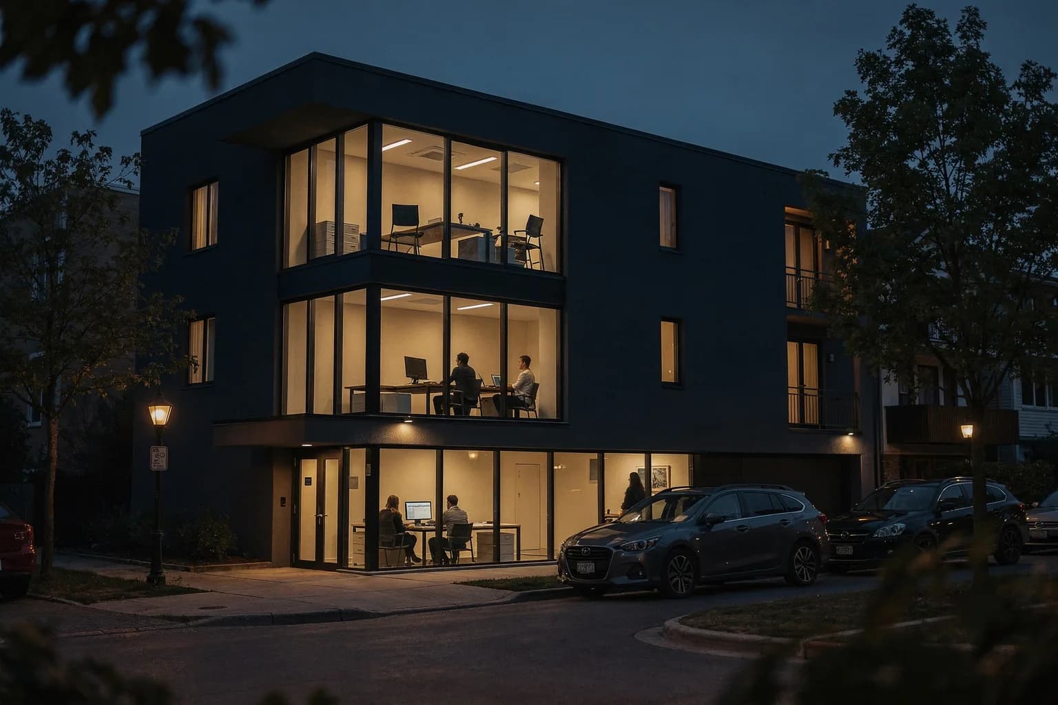 Schlichtes Bürogebäude in der Dämmerung an einer ruhigen Wohnstraße, zwei beleuchtete Geschosse und geparkte Servicefahrzeuge