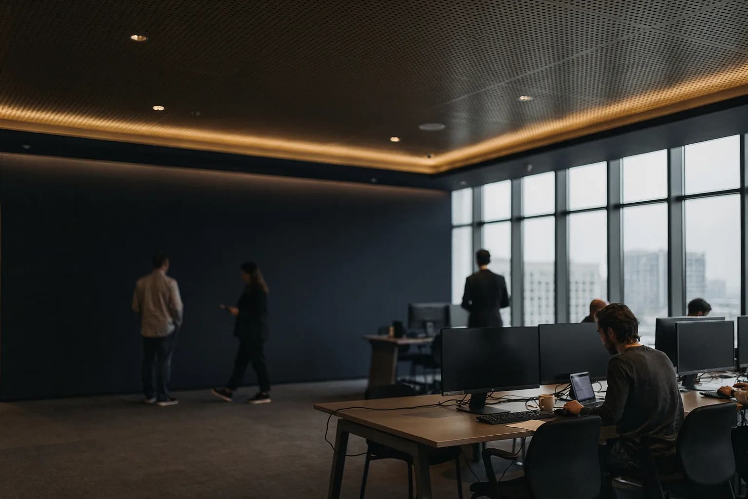 Leerer Büroraum mit fertig montierter perforierter Metalldecke, Tageslicht durch eine Fensterwand, keine Möbel