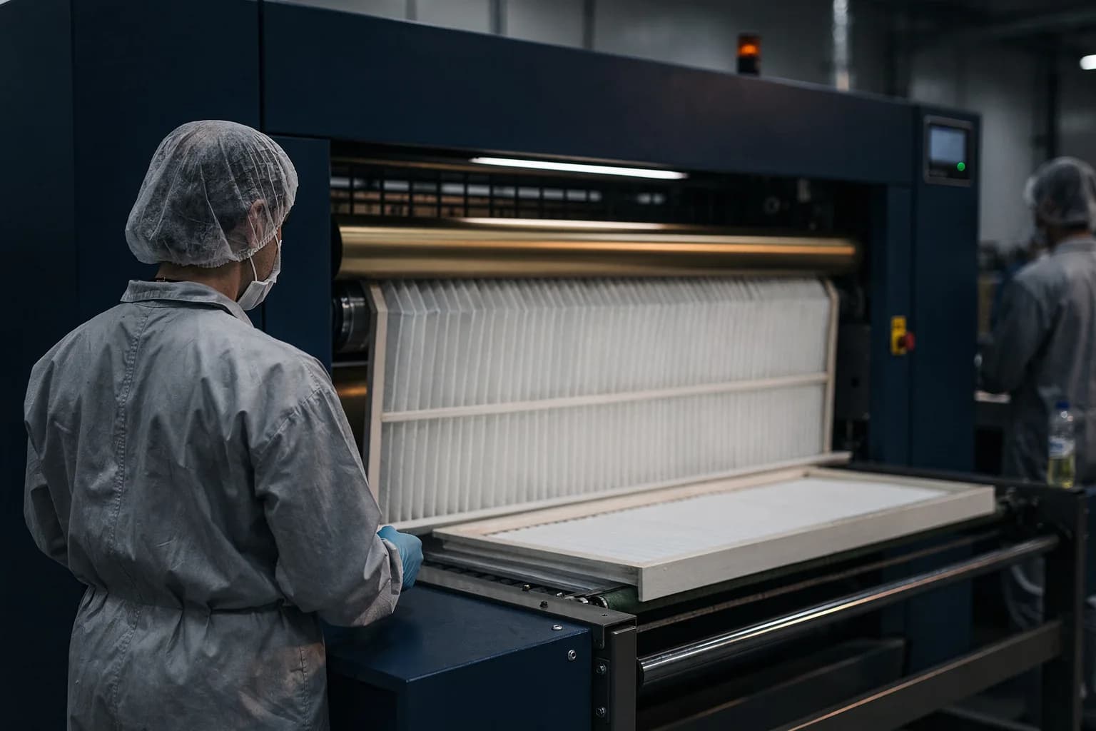 Fertigung von Taschenfiltern, eine Maschine faltet weißes Filtermedium in einen Rahmen, eine Bedienerin in Hygienekleidung von hinten, kühles helles Licht