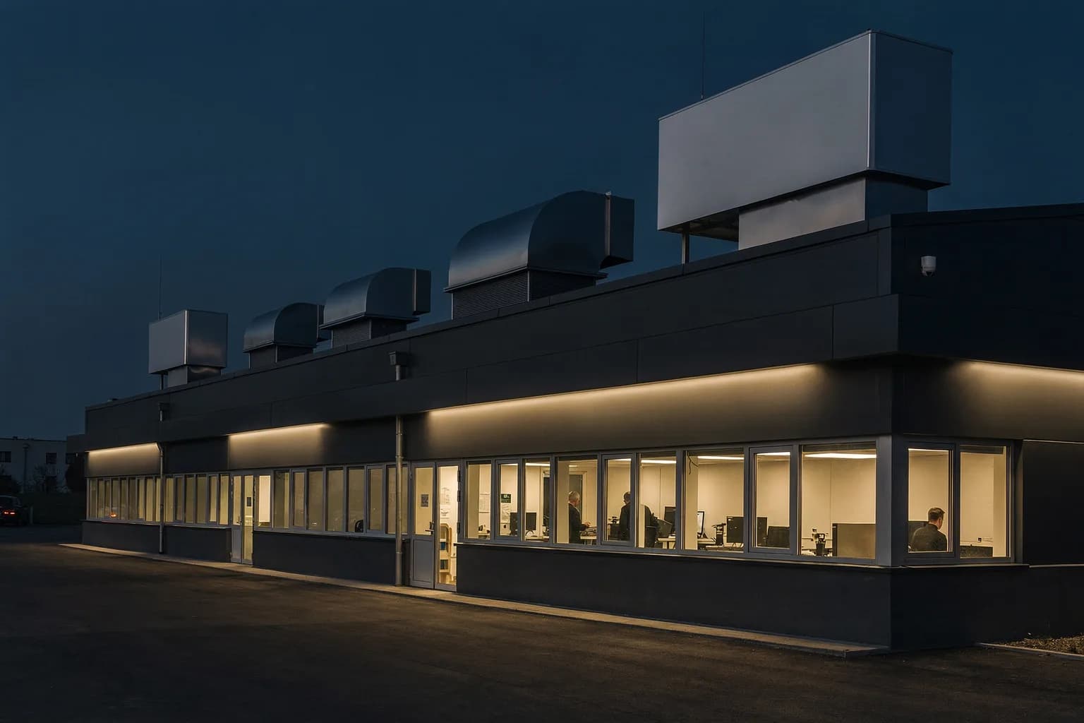 Leichtindustriebau in der Dämmerung mit großen Lüftungsgeräten auf dem Dach und beleuchteten Fensterbändern