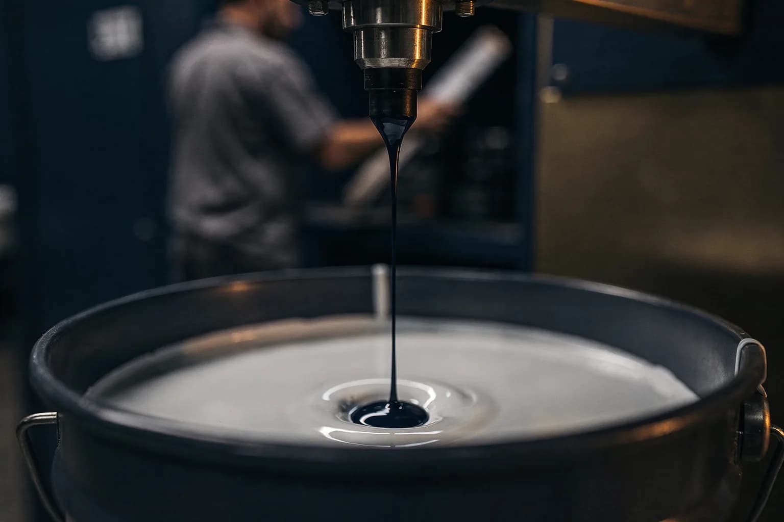 Nahaufnahme einer Abtönmaschine, deren Düse Pigment in einen offenen Eimer weißer Basis dosiert, Tropfen, geringe Schärfentiefe