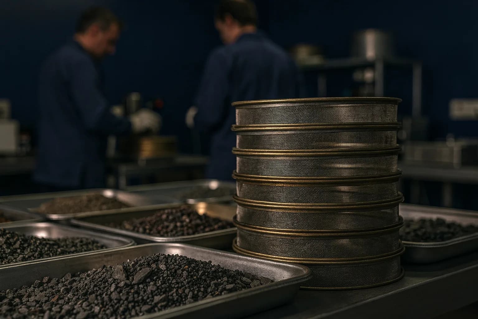 Labortisch mit einem Stapel Prüfsiebe und Schalen sortierter Gesteinsproben, gleichmäßiges Licht
