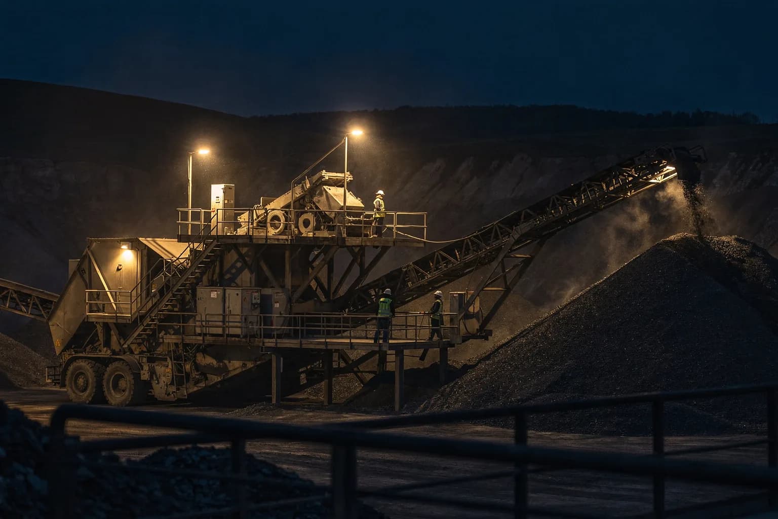 Steinbruchwerk in der Dämmerung mit Brechanlage, Förderbandbrücken und ausgeleuchteten Halden gebrochenen Gesteins