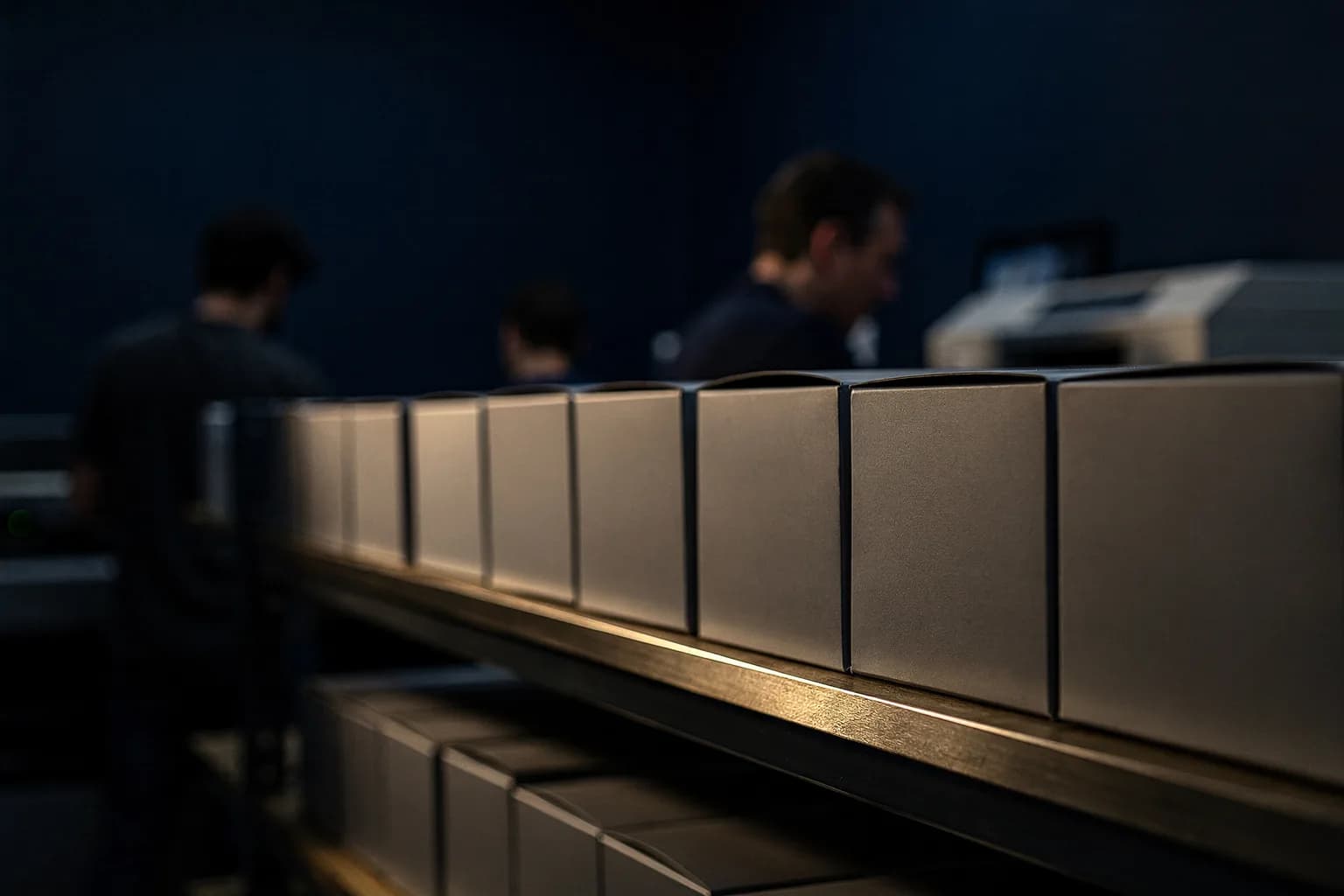 Regal mit einer in die Tiefe laufenden Reihe schlichter verpackter Druckmedien-Kartons ohne Beschriftung, gleichmäßiges Licht