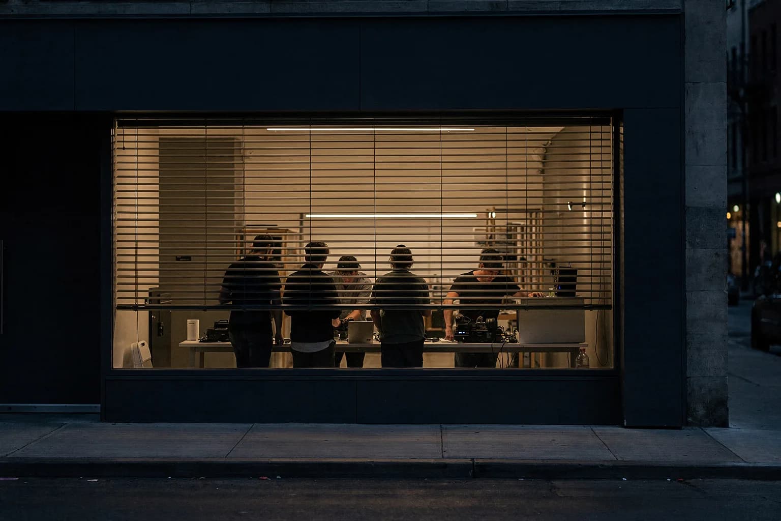 Kleines Gewerbegebäude in der Dämmerung mit breitem Schaufenster und beleuchtetem Innenraum hinter Jalousien, ruhige Straße