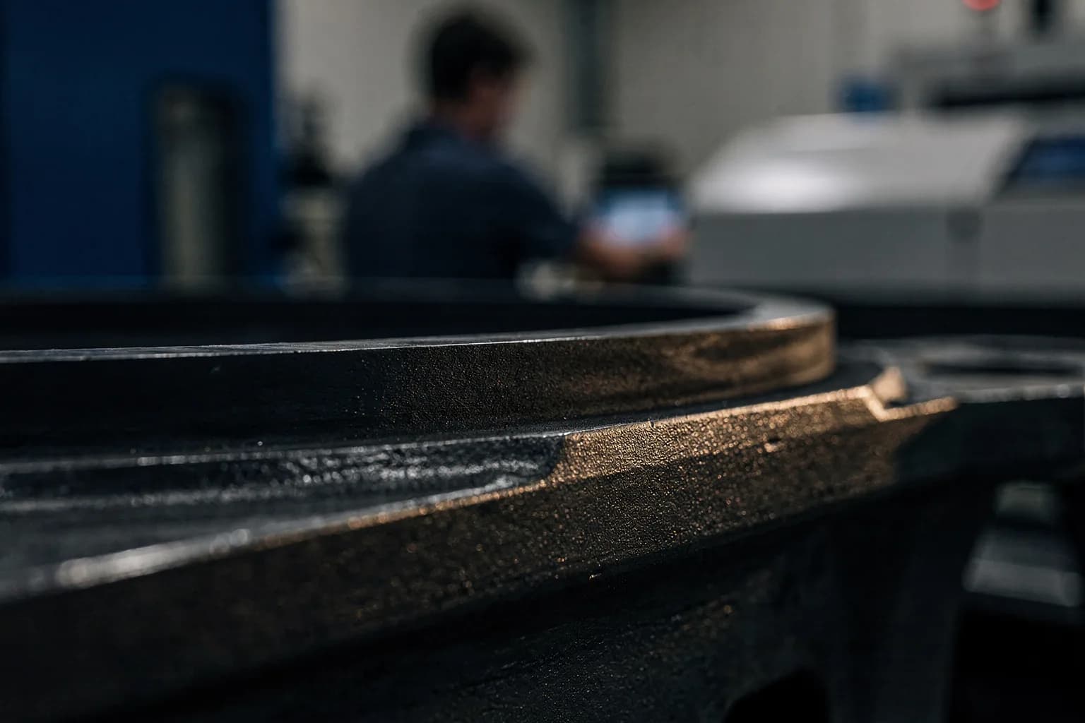 Extreme Nahaufnahme der Haftfläche zwischen Stahl und schwarzem Elastomer an einem bearbeiteten Bauteil, sehr geringe Schärfentiefe
