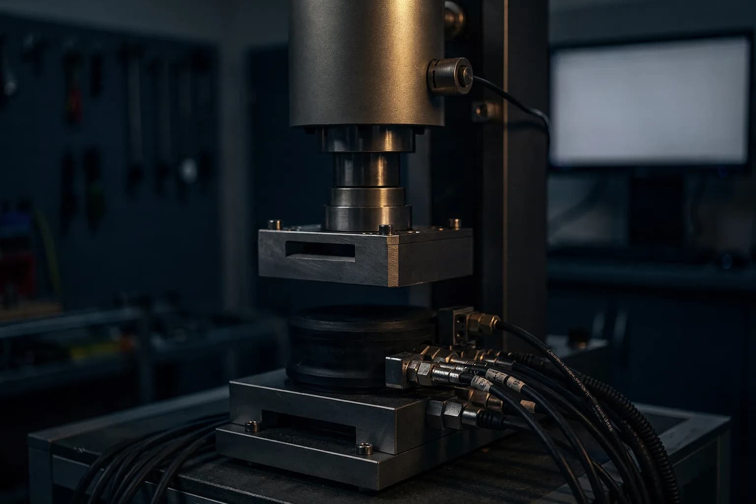 Prüfstand, der ein Gummi-Metall-Element unter einem Hydraulikzylinder belastet, Sensorverkabelung, kühles Licht, niemand anwesend